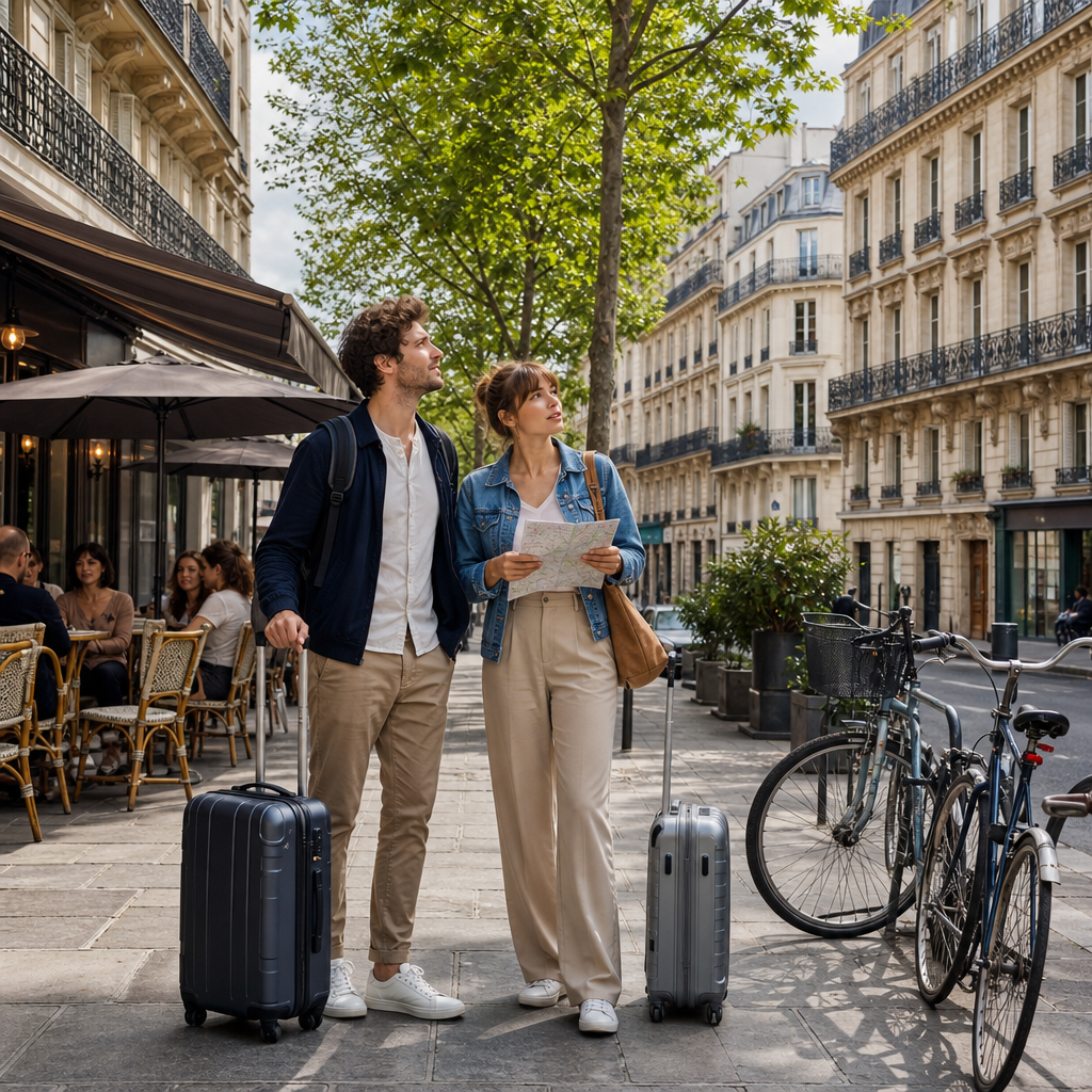 Photorealistic Paris neighborhood street with Haussmann buildings, cafes, trees, and a couple looking for a mid-range rental apartment.