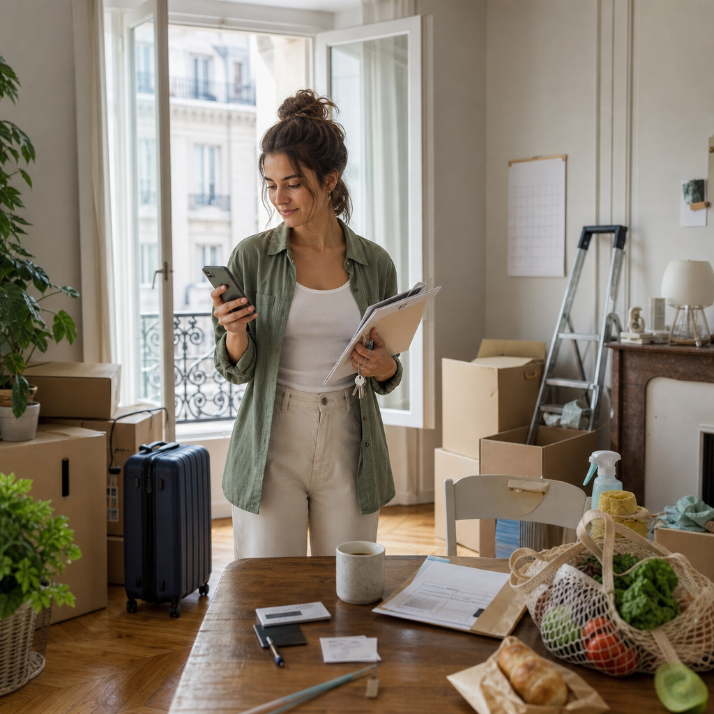 Photorealistic scene of a new renter in a French apartment unpacking boxes, holding keys and documents, with moving essentials and natural light, representing the first month after moving to France.