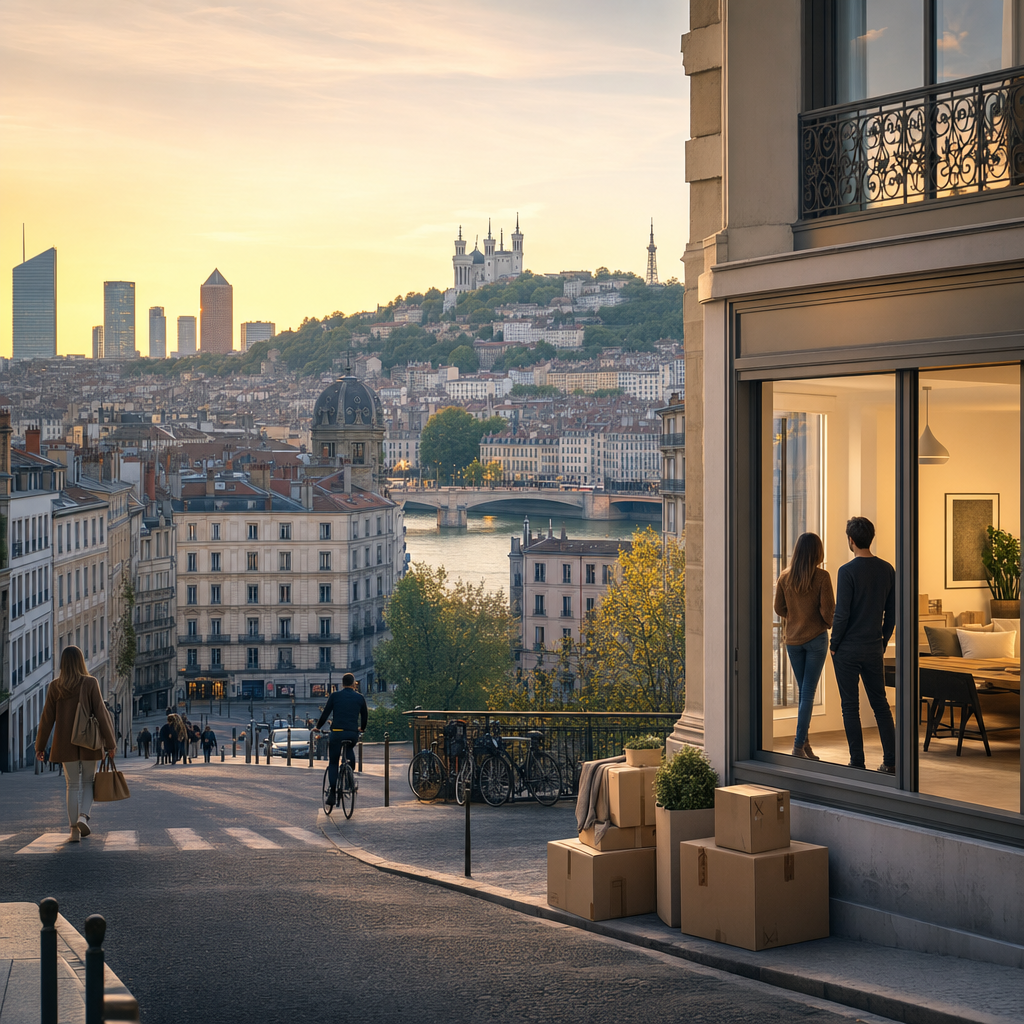 Photorealistic editorial view of Lyon’s rental market with the city skyline, residential buildings, and apartment viewing scene representing prices, trends, and popular neighborhoods.