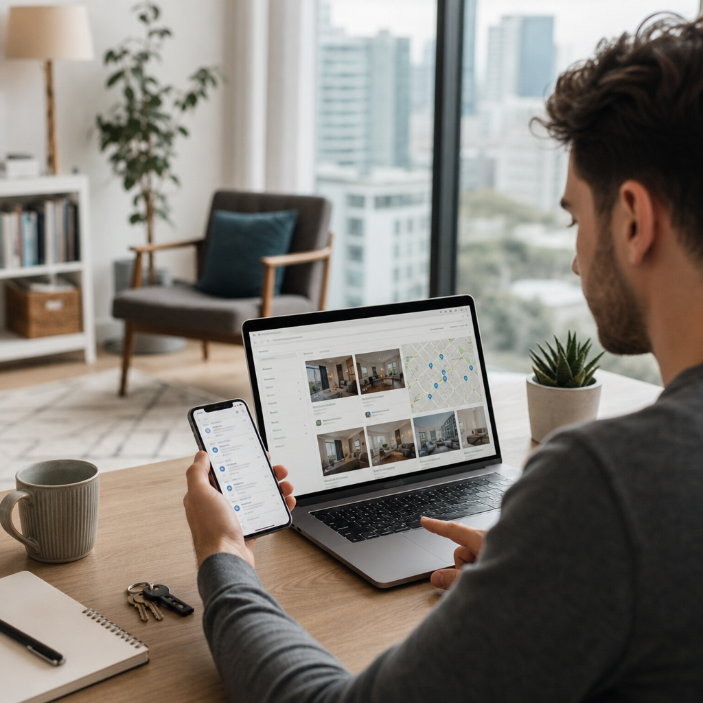 Photorealistic image of a person setting up rental alerts on a laptop and smartphone in a modern apartment workspace.
