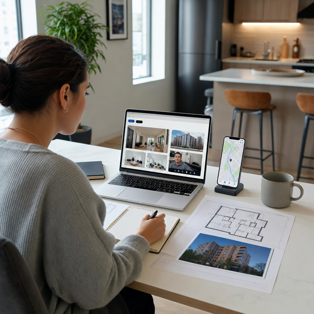 Photorealistic editorial scene of a tenant verifying a rental listing with a laptop, smartphone map, and apartment details before visiting.