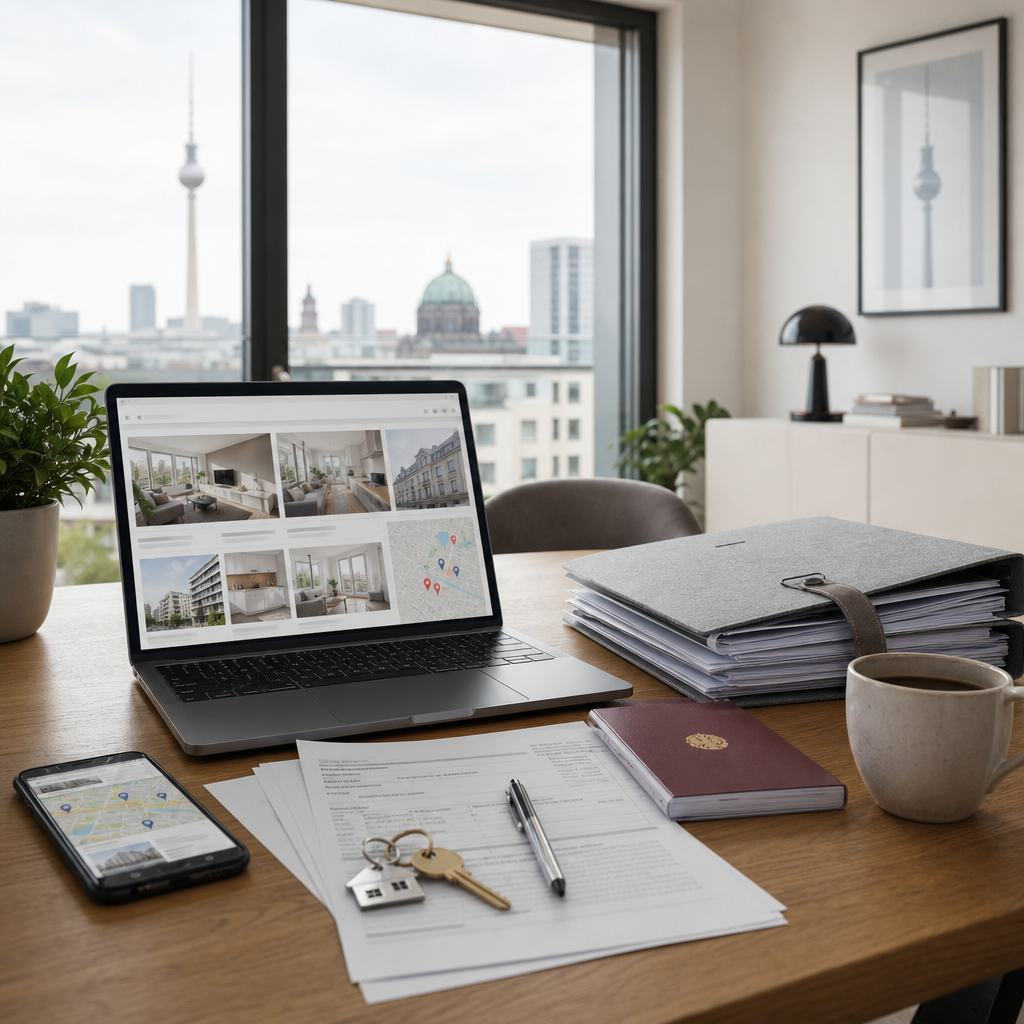 Photorealistic editorial image of remote apartment searching in Germany, showing a laptop, smartphone map, rental documents, passport, and a modern home office.
