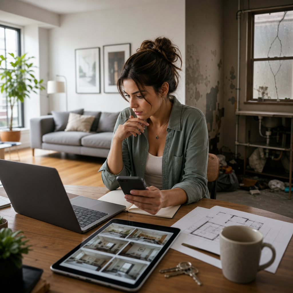 Young renter reviewing a rental listing with visible green flags and red flags in a modern apartment setting.