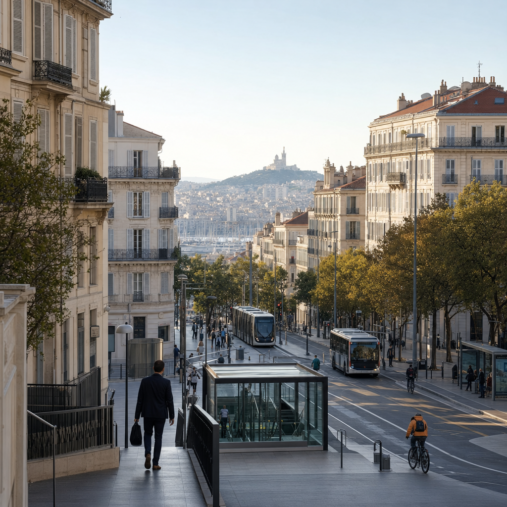Photorealistic view of a Marseille neighborhood with apartments, tram access, and commuters, illustrating where to live for easy access to the city center.