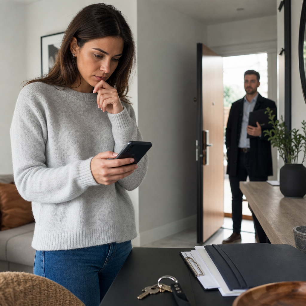 Prospective renter hesitating to wire a deposit before viewing a property, with a modern apartment and subtle signs of caution.