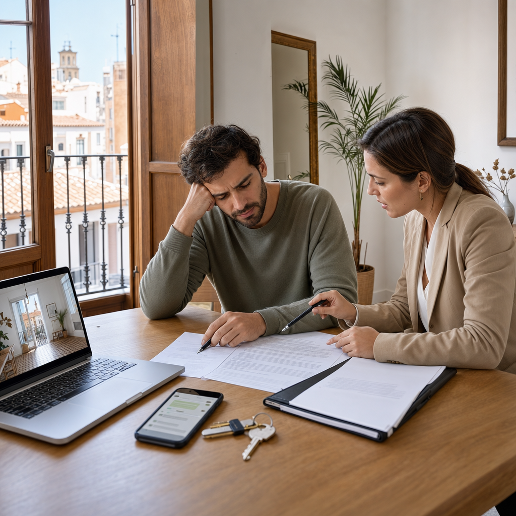 Photorealistic editorial image of a tenant and real estate agent reviewing rental paperwork in a modern Spanish apartment, illustrating renting in Spain without a local guarantor.