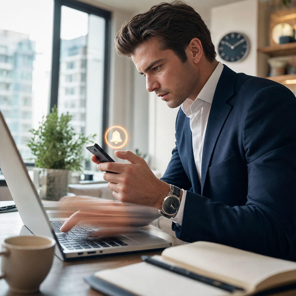 Photorealistic modern scene of a person quickly replying to a new online listing on a smartphone and laptop, showing speed and responsiveness.
