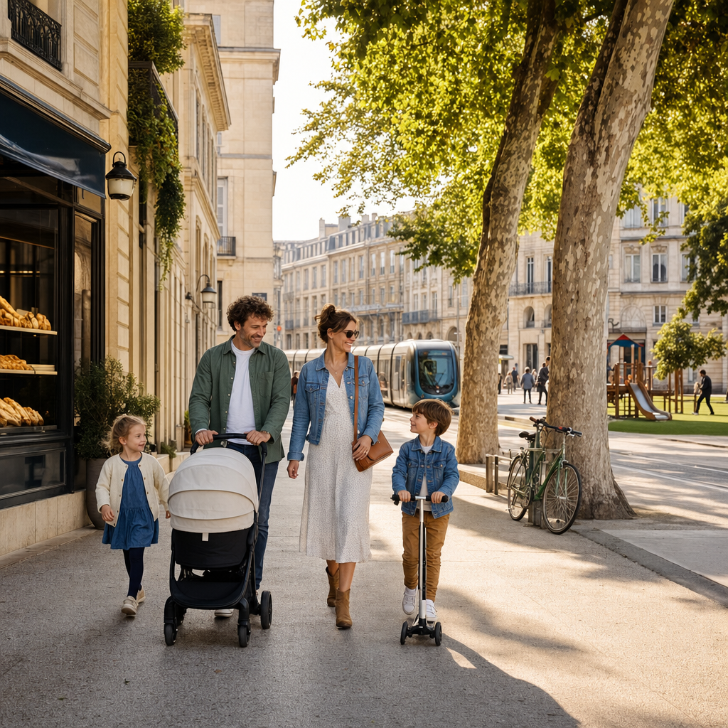 Photorealistic view of a family-friendly street in Bordeaux with classic architecture, trees, a tram, and a family walking near a park and local shops.