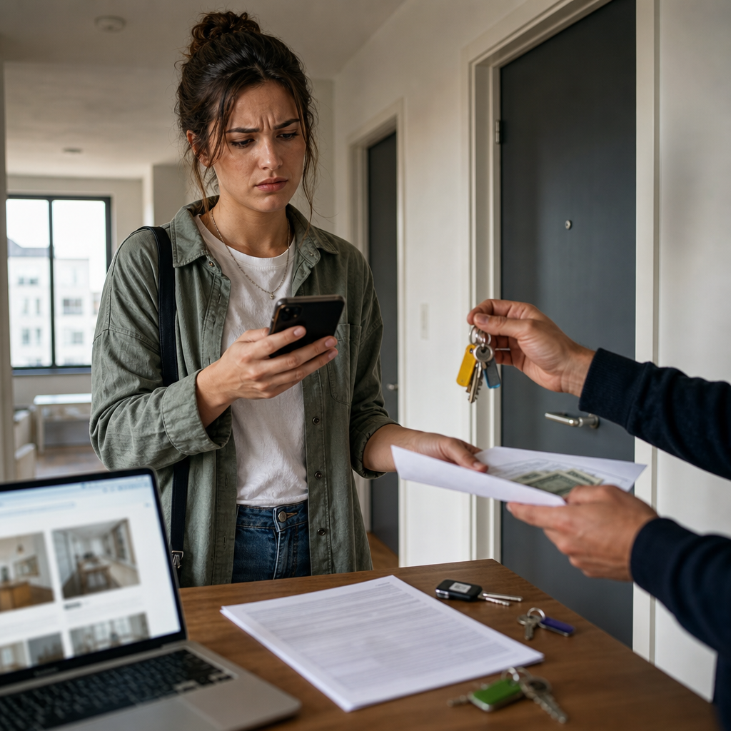 Prospective tenant reviewing a rental listing with suspicious keys and lease documents, illustrating warning signs of a fake landlord scam.