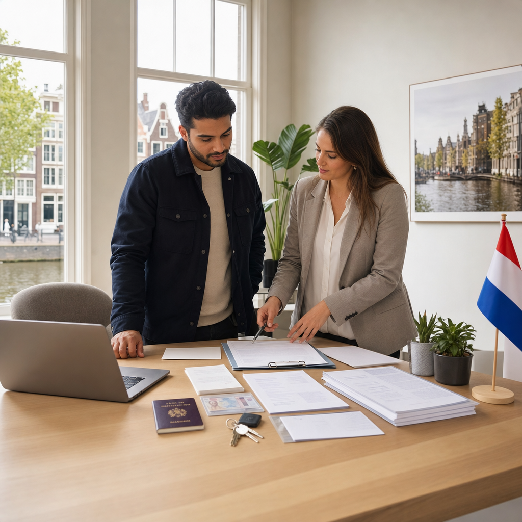 Photorealistic editorial image of a foreign renter reviewing the paperwork needed to rent an apartment in the Netherlands with a housing agent.
