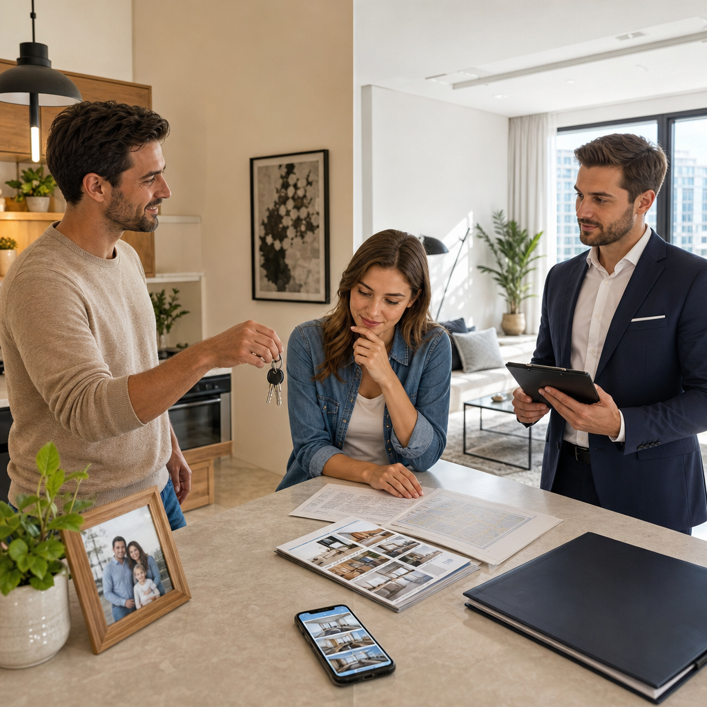 Photorealistic editorial scene comparing direct-from-owner and agency rentals in a modern apartment, with a tenant evaluating keys, paperwork, and a property agent versus a homeowner.
