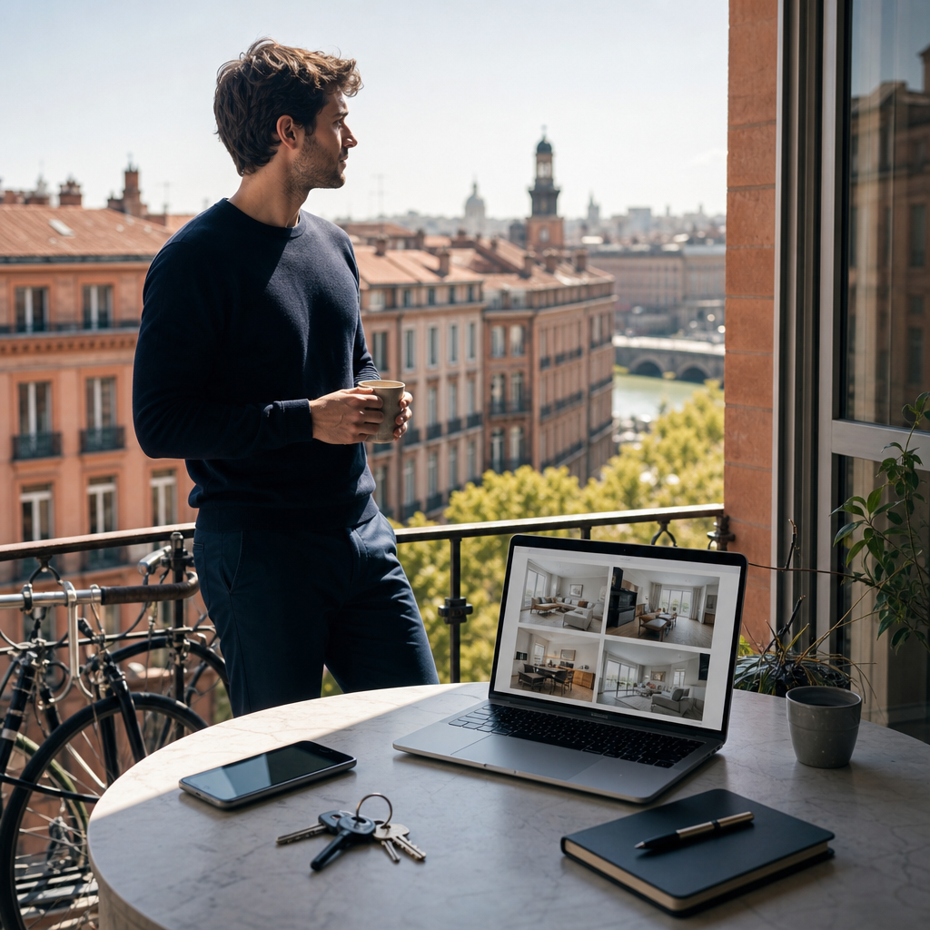 Young professional looking at rental options in Toulouse with a stylish apartment setting and the city’s terracotta rooftops in the background.
