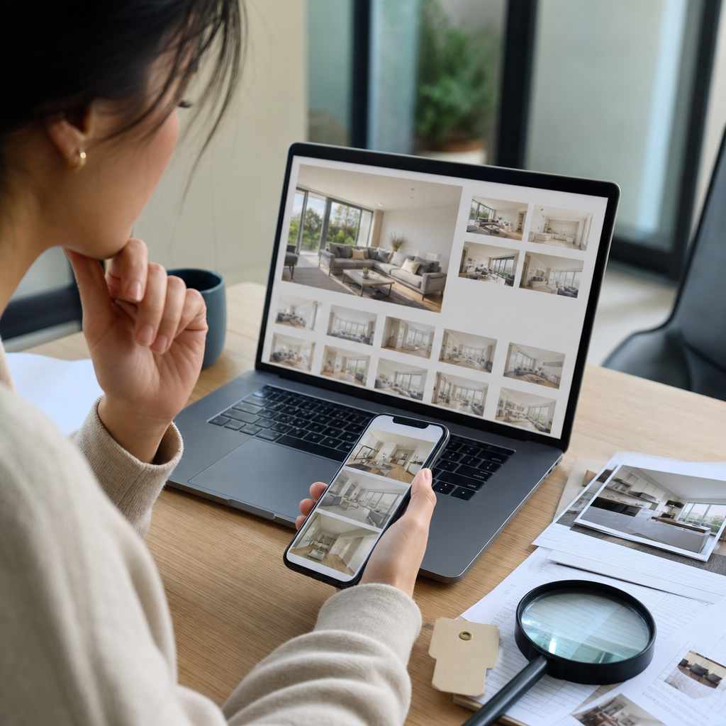 Photorealistic scene of a renter using reverse image search on a laptop and phone to verify rental listing photos and detect fraud.