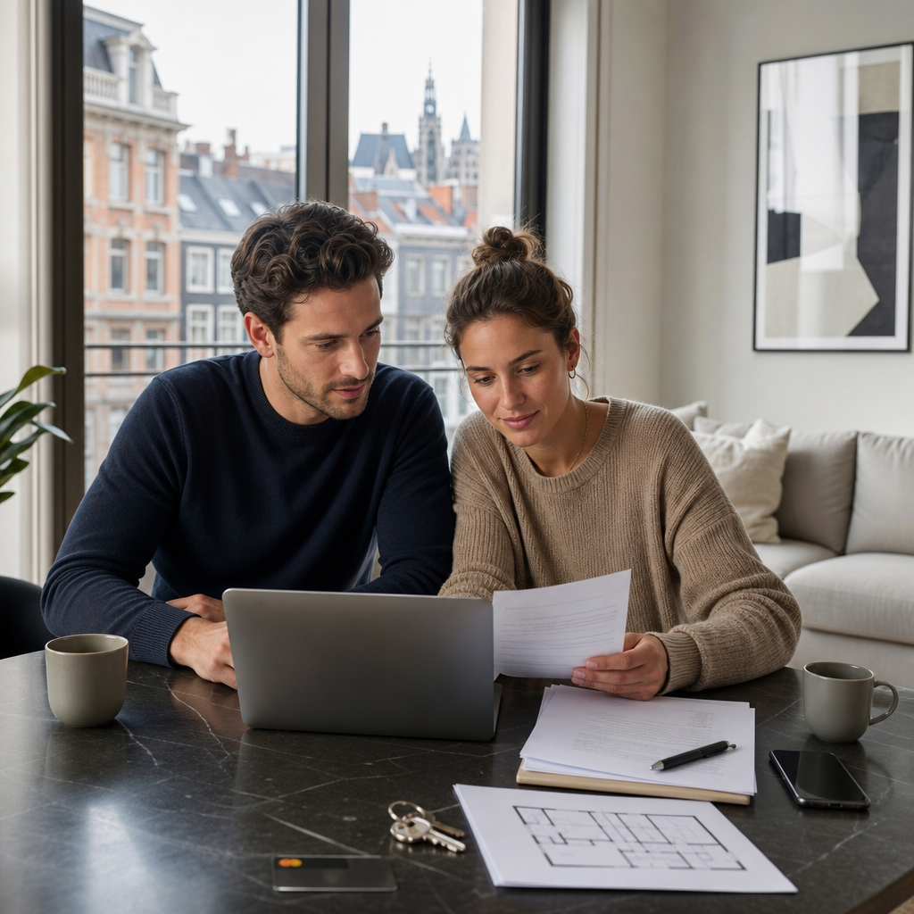 Photorealistic image of a person preparing bank accounts and rental documents before renting an apartment in Belgium
