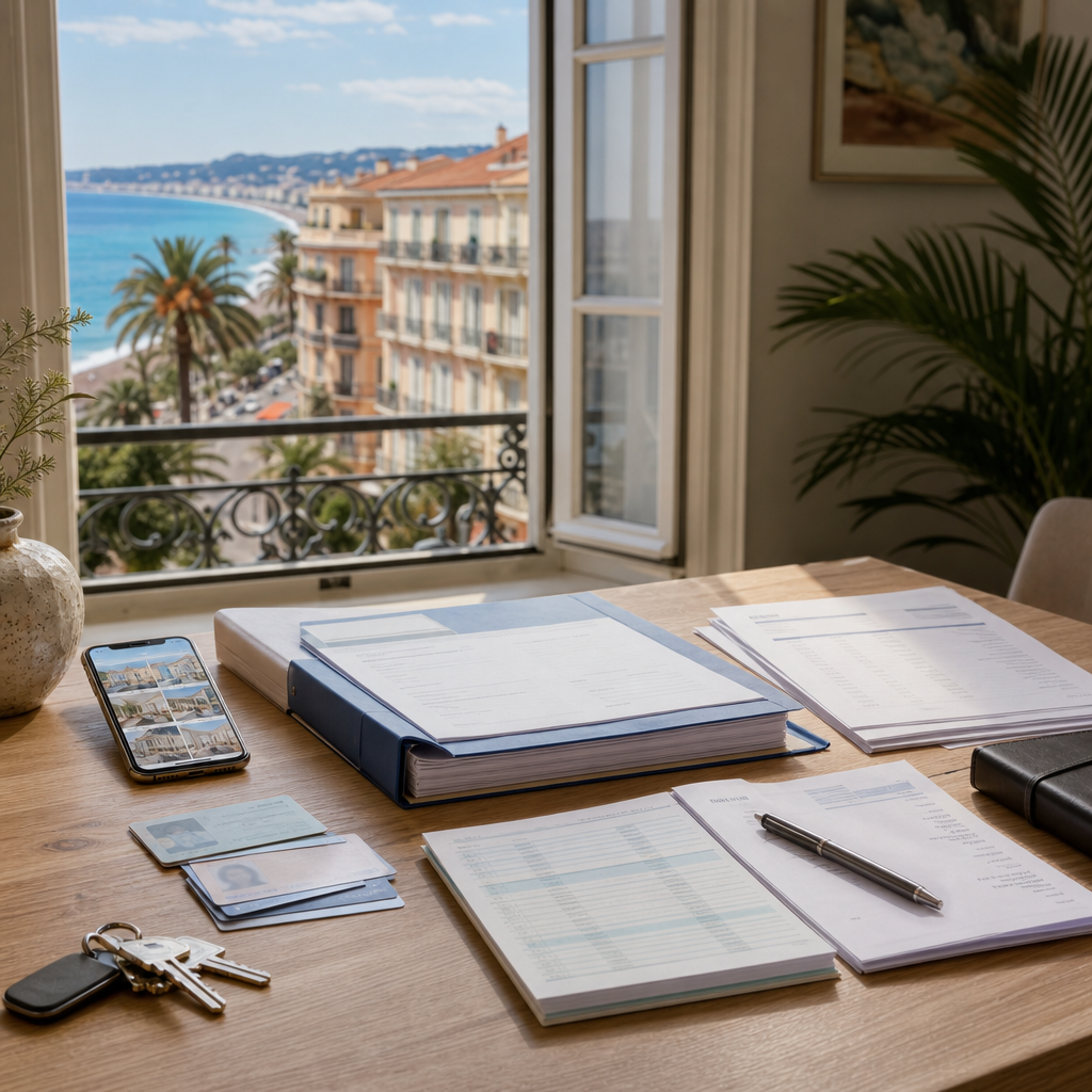 Photorealistic editorial image of rental application documents, keys, and a sunlit apartment interior with a Nice, France coastal view.