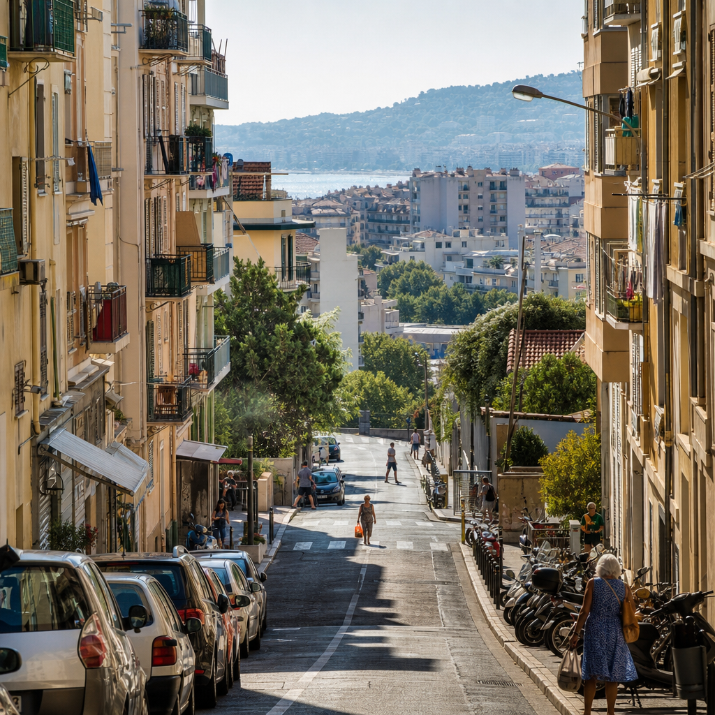Photorealistic view of an affordable residential neighborhood in Nice, France with apartment buildings, local shops, and everyday street life.