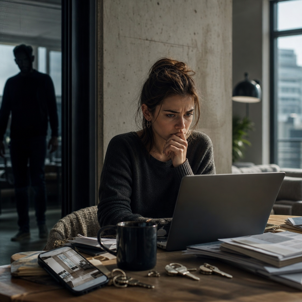 Photorealistic editorial image of a renter reviewing a suspiciously low apartment listing on a laptop in a modern studio, with subtle visual cues of a rental scam and a tense, realistic mood.