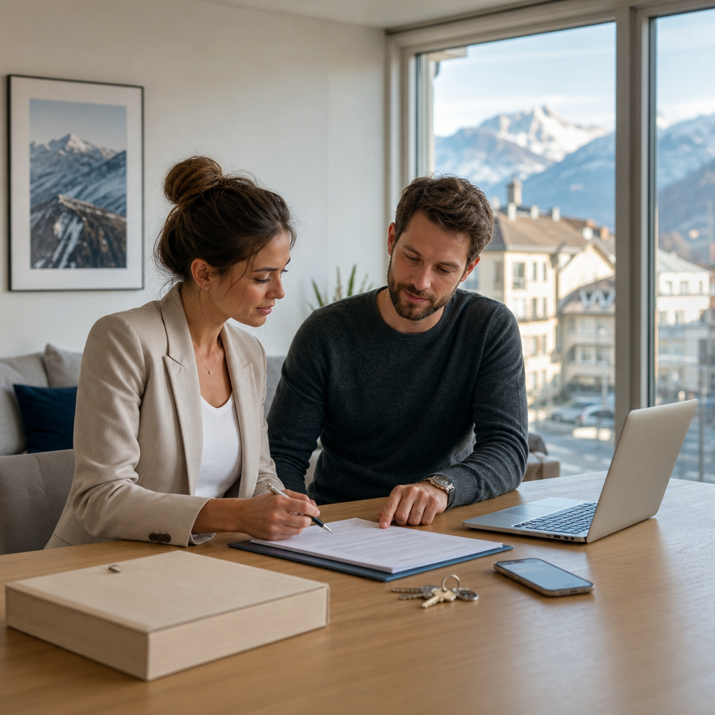 Photorealistic editorial image of a newcomer in Switzerland reviewing rental deposit paperwork with a landlord in a modern apartment.