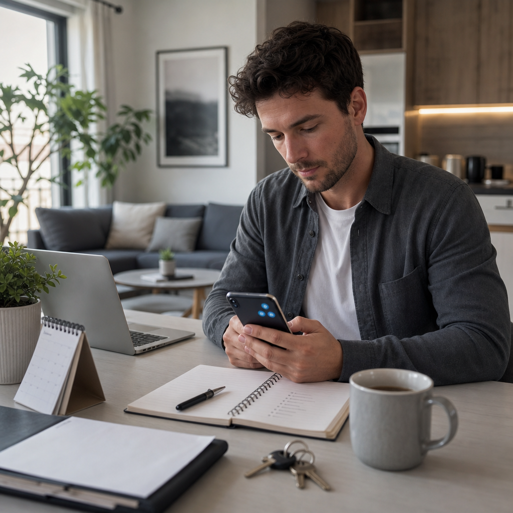 A renter writing a polite, professional message to a landlord on a smartphone in a modern apartment interior, with notes and a lease folder nearby.