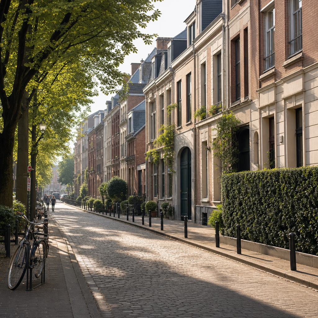 Photorealistic quiet residential street in Lille with tree-lined sidewalks, elegant townhouses, and a peaceful neighborhood atmosphere for renters.