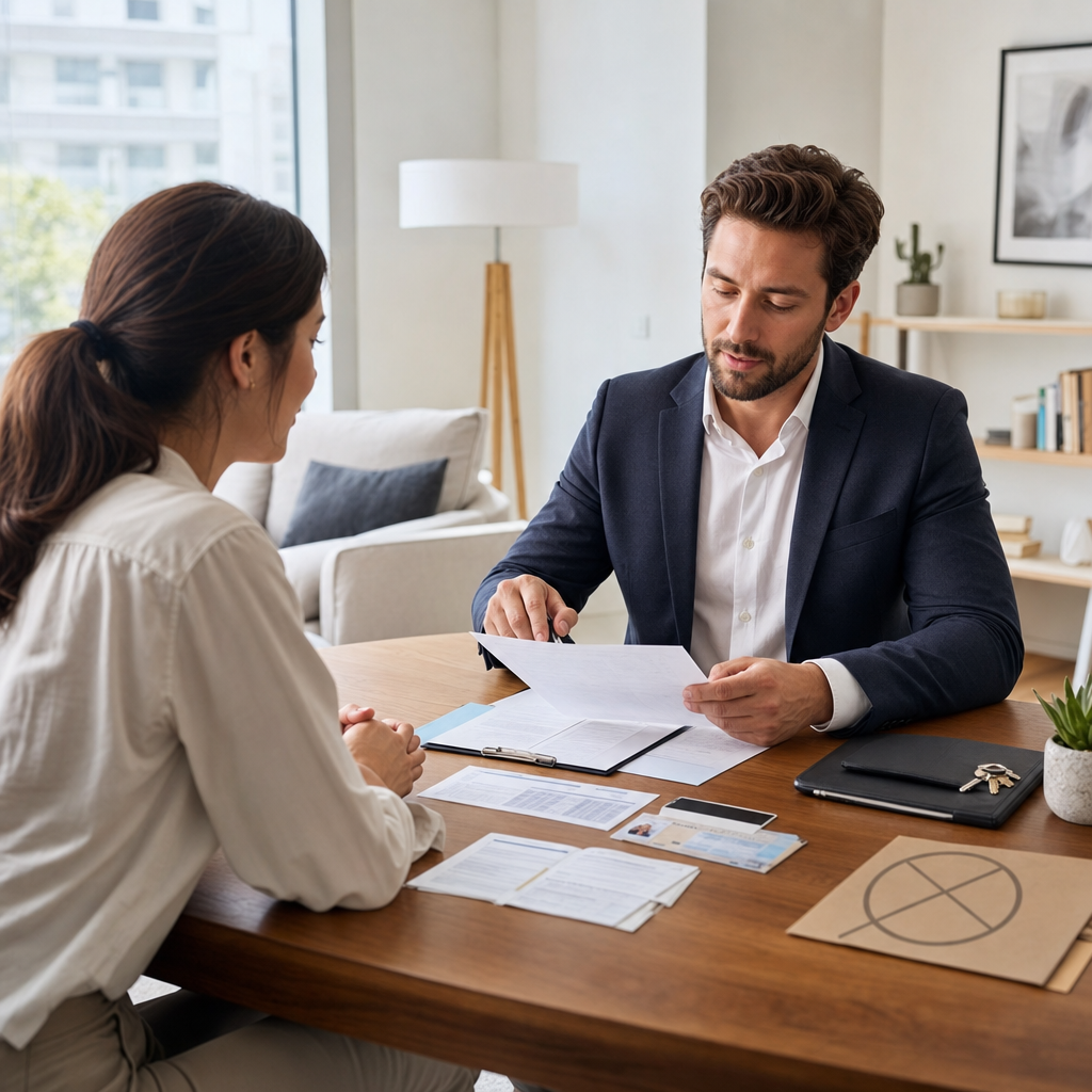 Photorealistic editorial image of a legitimate landlord and tenant reviewing appropriate rental application documents in a modern apartment, showing a professional and privacy-conscious process.