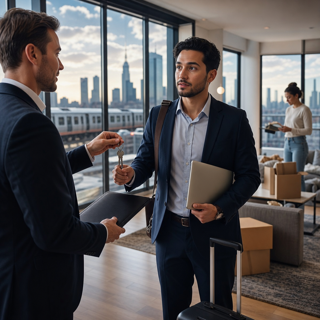 Photorealistic editorial image of a relocating employee signing a rental lease in a modern apartment lobby with moving boxes and a city skyline in the background.