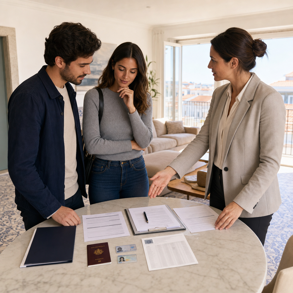 Photorealistic apartment viewing in Portugal with tenants, a real estate agent, and rental documents on a table for an article about what documents are needed to rent an apartment in Portugal.