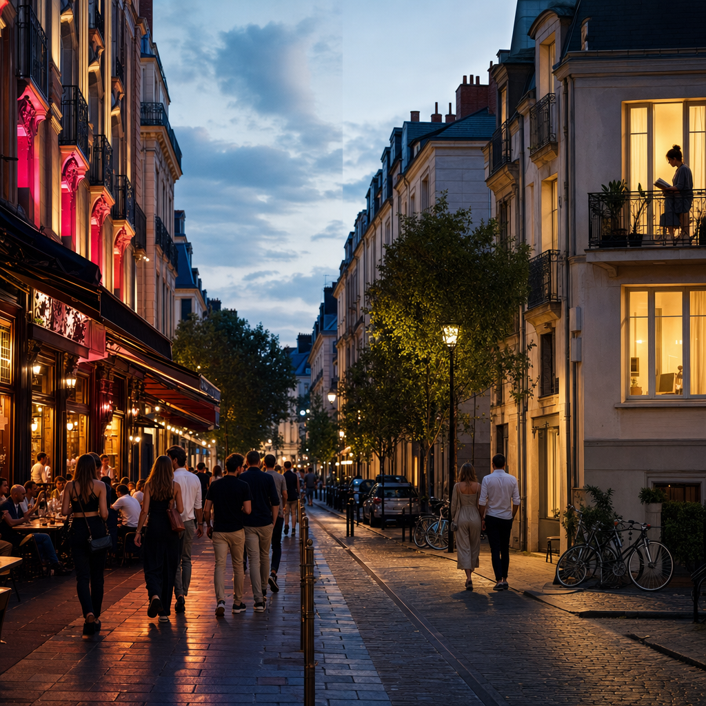 Photorealistic editorial image contrasting lively nightlife and quiet residential streets in Nantes, showing how different neighborhoods suit different lifestyles.