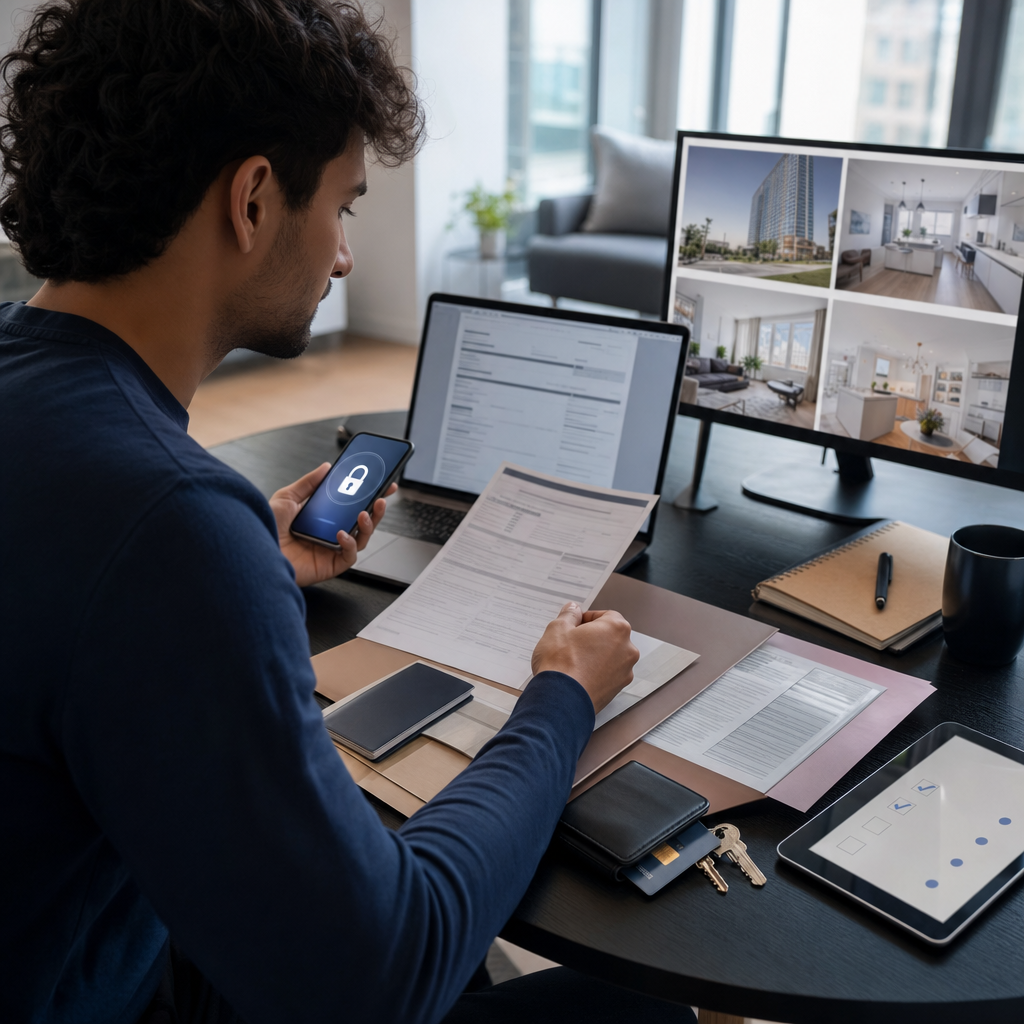 Photorealistic editorial image of a person securely reviewing a rental application with documents, laptop, and phone to protect personal data during a home search.