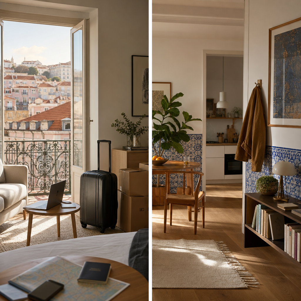 Photorealistic editorial image showing temporary and permanent housing options for relocating to Portugal, with a short-term rental apartment on one side and a settled long-term home on the other.