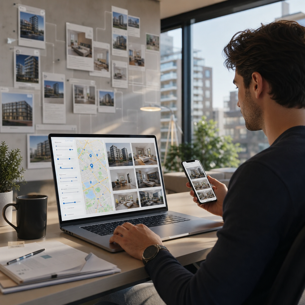 Photorealistic image of a person using a laptop and phone to compare rental listings on an aggregator platform, showing a streamlined apartment search that saves time.