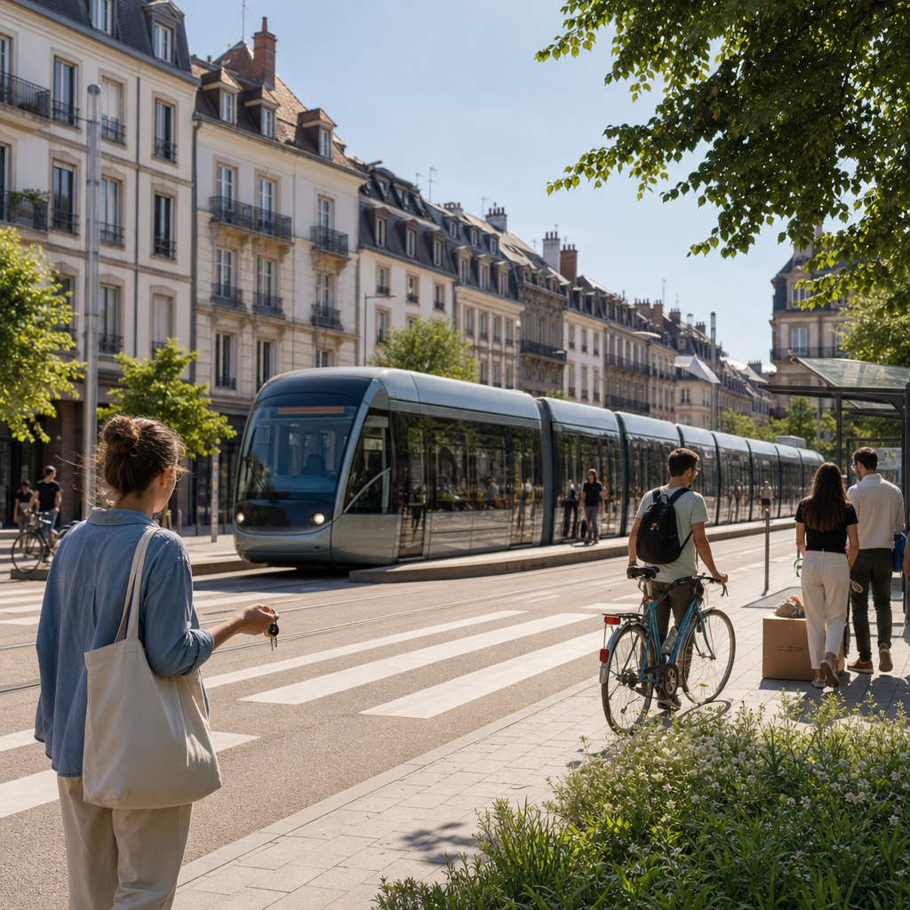 Photorealistic Strasbourg street scene with a modern tram stop, pedestrians, and renter-friendly urban surroundings for a public transport guide.