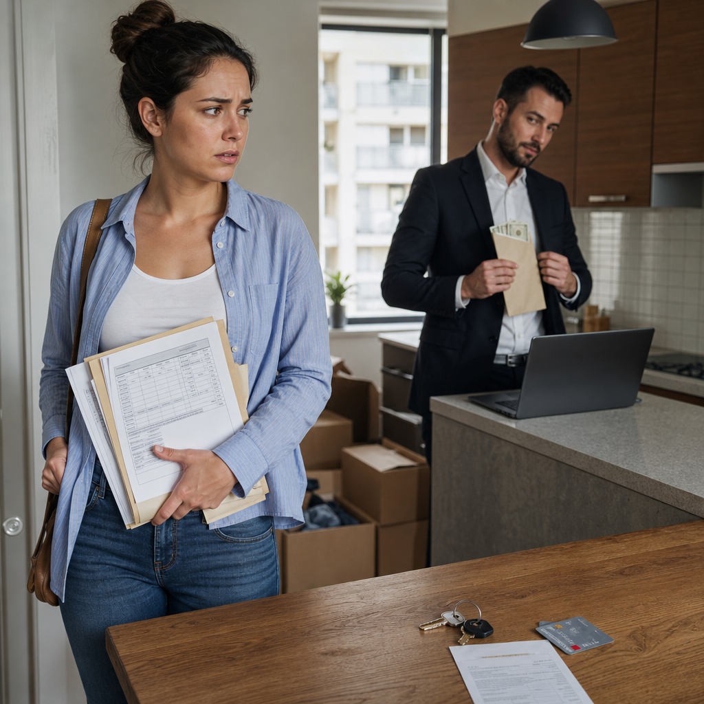 Photorealistic editorial image of a tenant worried about a lost rental deposit while a landlord-like figure hides cash in a modern apartment.