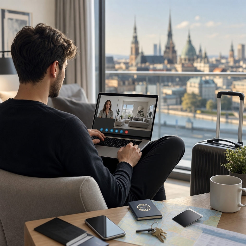 Photorealistic scene of a traveler remotely renting an apartment from another country using a laptop, passport, smartphone, and digital lease documents.
