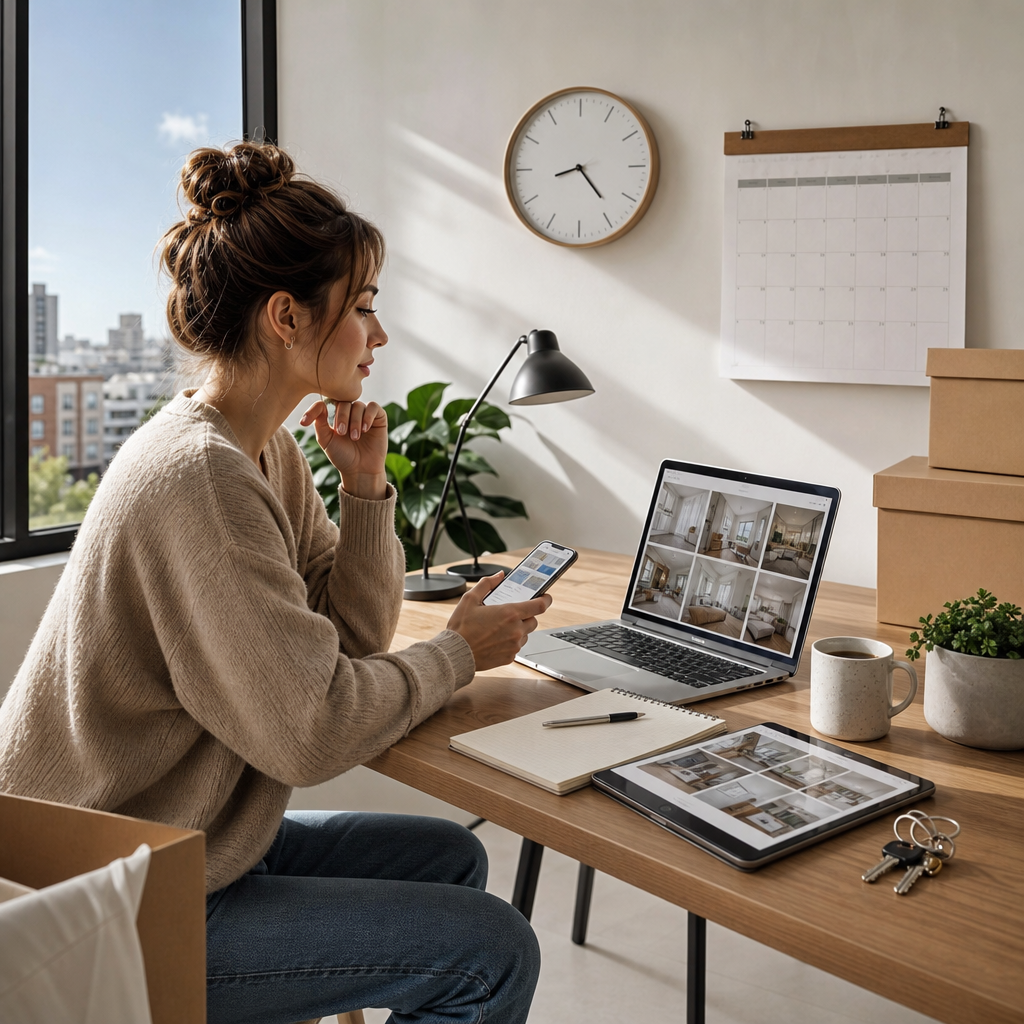 Photorealistic editorial image of a renter using a laptop and calendar to plan the best times of the week and month to search for apartments.