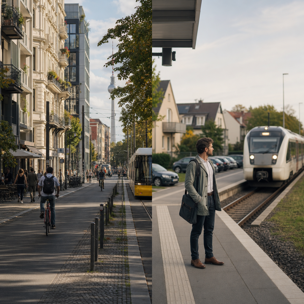 Photorealistic editorial scene showing the contrast between Berlin city living and suburban commuting, with a commuter and mixed urban and suburban backdrops.