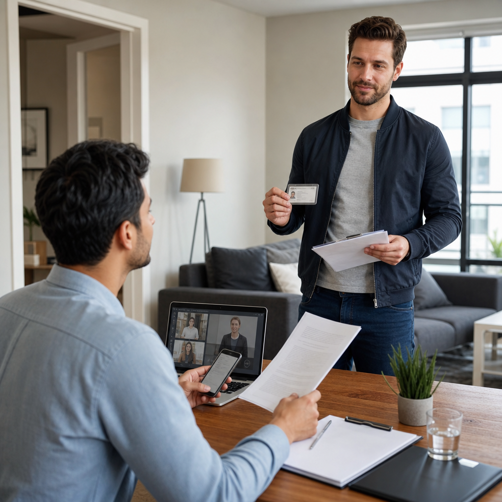 Tenant safely verifying a landlord's identity using a laptop, smartphone, and official documents in a modern apartment setting
