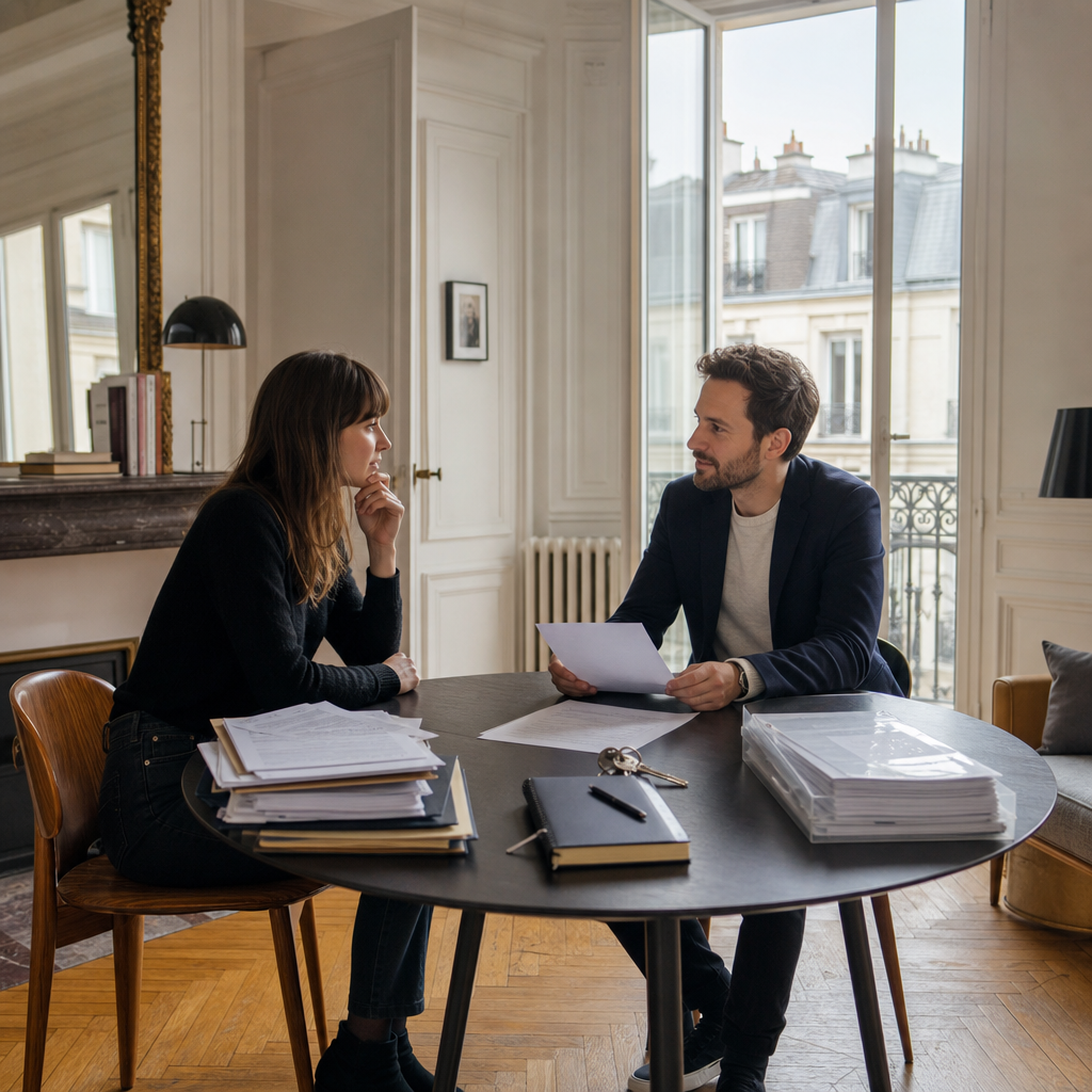 Photorealistic editorial scene of a Paris apartment rental meeting with paperwork, keys, and a tenant and landlord discussing French rental customs.