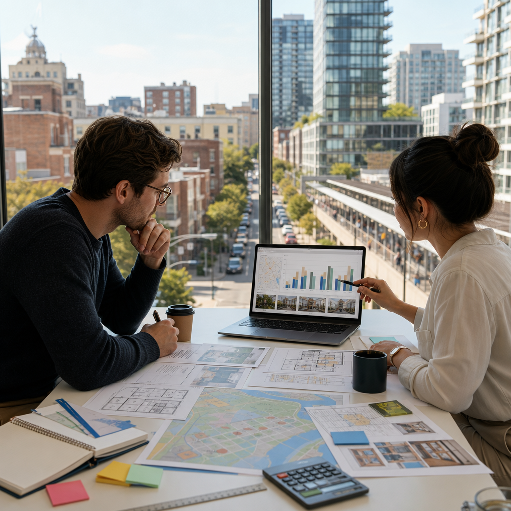Photorealistic editorial scene of people comparing apartment rental prices across different neighborhoods using maps, listings, and charts.