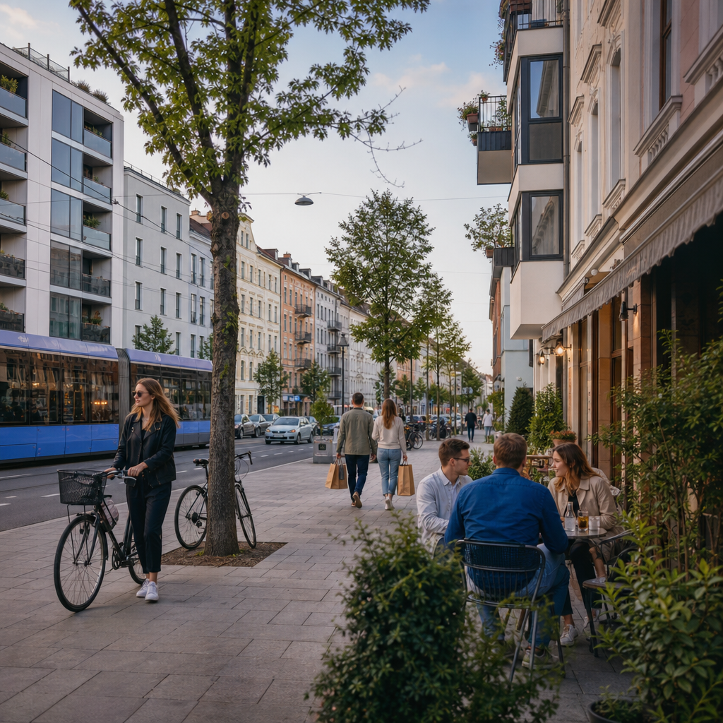Photorealistic street scene of an up-and-coming Munich neighborhood with modern apartments, cafés, bicycles, and green residential streets for renters.
