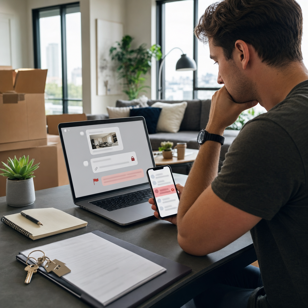 Photorealistic image of a renter checking a suspicious rental message and unsafe link on a laptop in a modern apartment, illustrating phishing in rental listings.