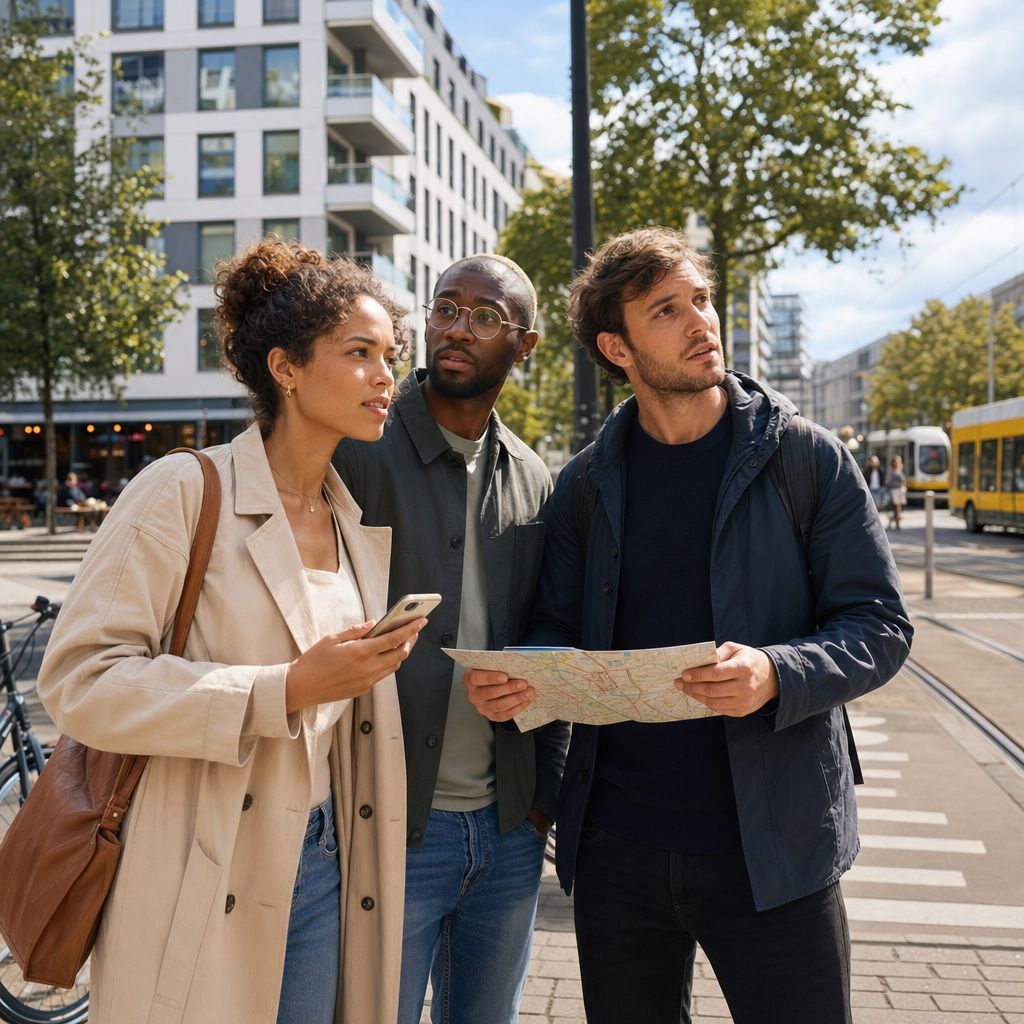 Expats researching a neighborhood in Germany using a map and smartphone on a modern city street.