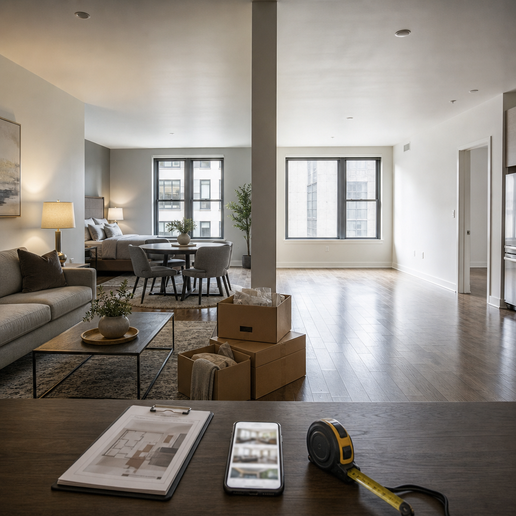 Modern apartment split between furnished and unfurnished rental setups, showing a staged living space beside a minimally decorated empty room.