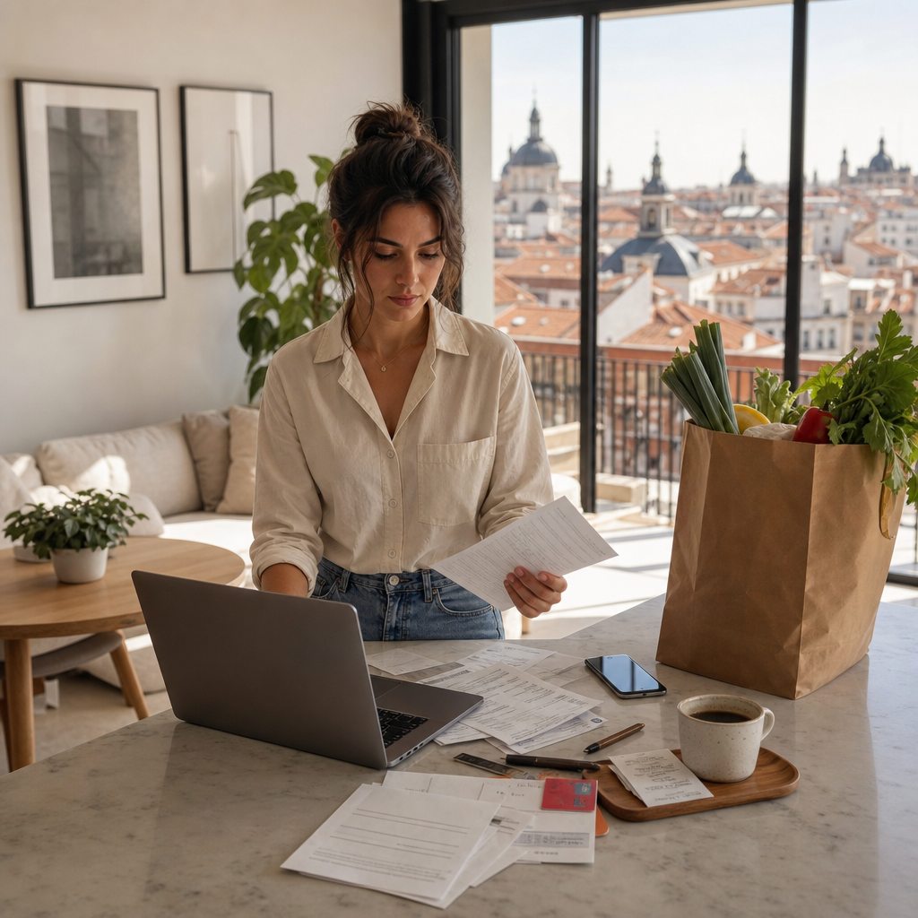 Photorealistic editorial scene of a renter in a modern Madrid apartment with bills, groceries, and transit items representing the cost of living.