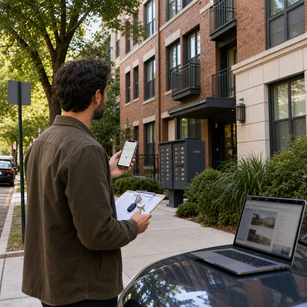 Photorealistic scene of a person checking a rental address on a smartphone while comparing the building number, suggesting address verification.