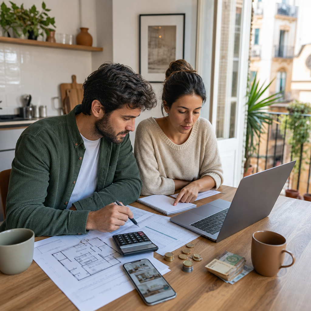 Young adult budgeting for a first rental in Spain at a bright apartment table with laptop, calculator, bills, and rental documents.