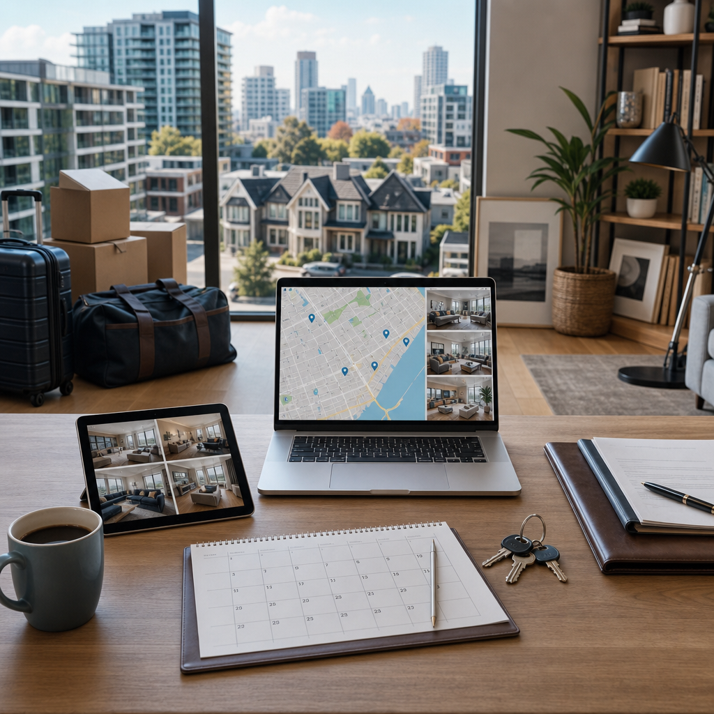 Photorealistic editorial scene showing a rental search setup with a laptop, calendar, keys, suitcase, and home decor elements contrasting short-term and long-term rental choices.
