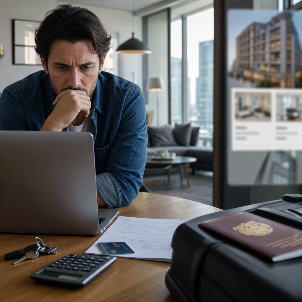 Photorealistic editorial image of a renter looking at a suspicious message on a laptop in a modern apartment, illustrating the ‘I’m abroad, just send the deposit’ scam.