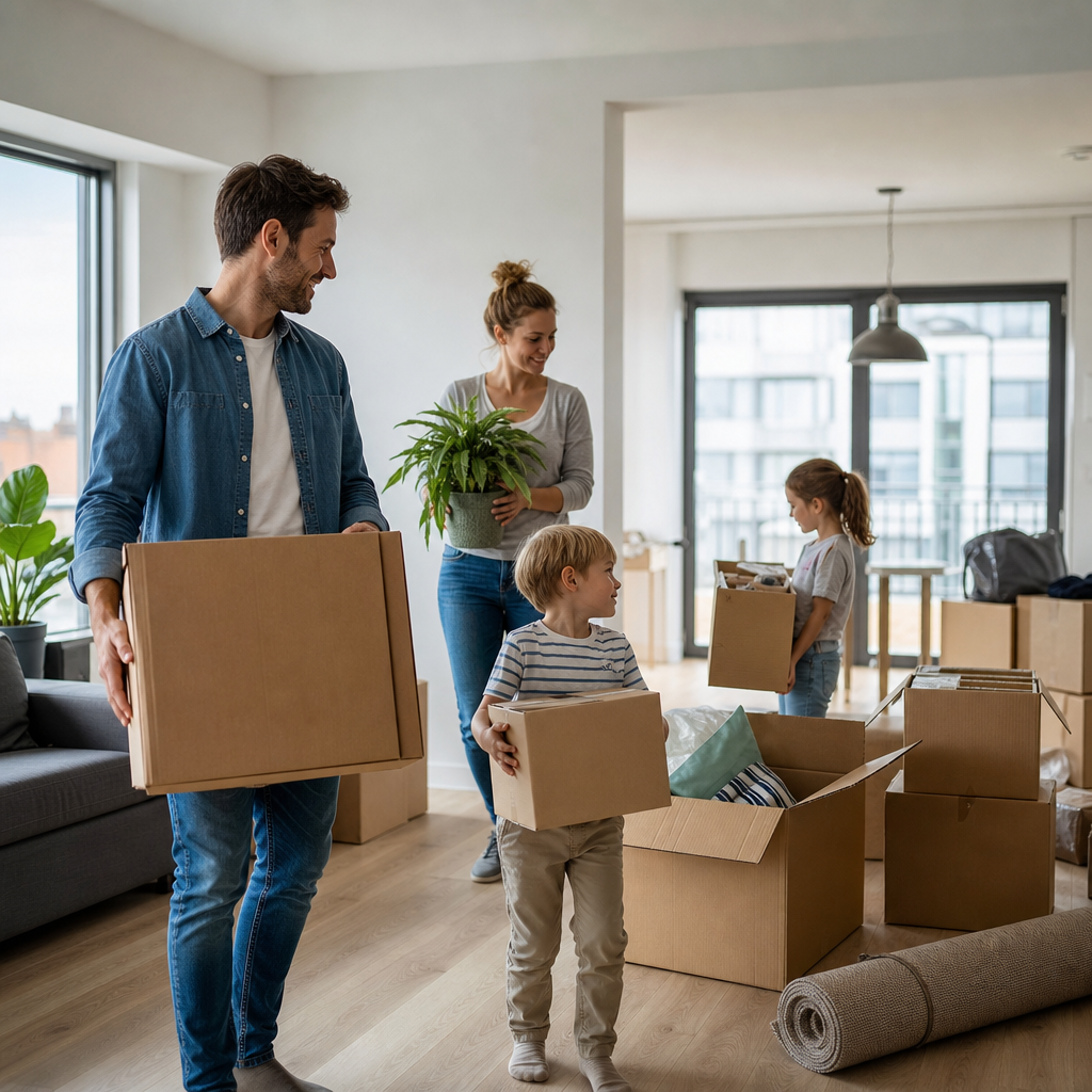 A family unpacking boxes in a modern Dutch apartment after relocating to the Netherlands, illustrating family rental housing for expats.