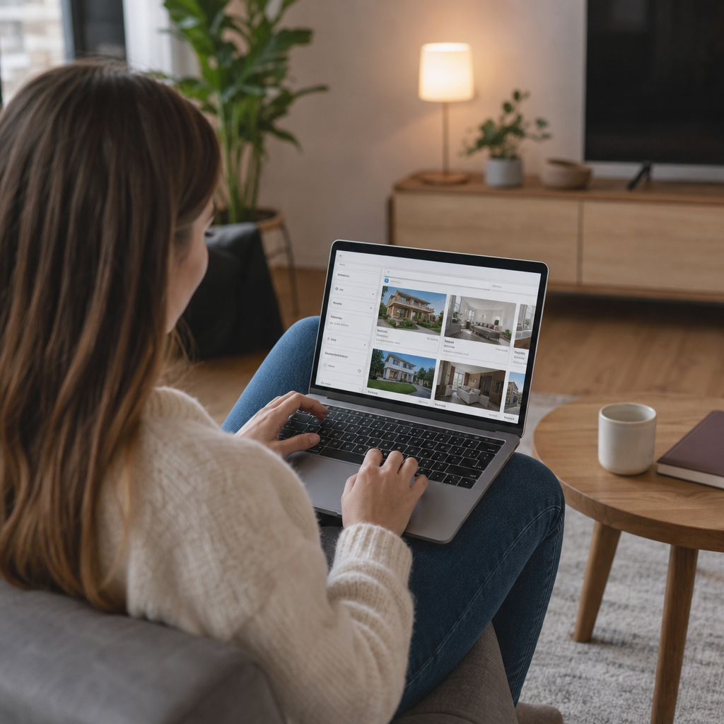 Photorealistic image of a renter using a laptop and smartphone to filter apartment listings by budget on a clean kitchen table.
